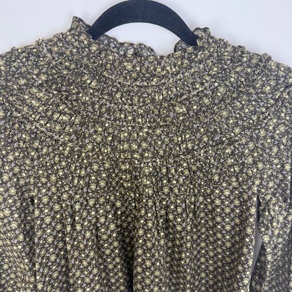 NWT Rebecca Taylor Womens Feather Fleur Print Ruched Neck Peasant Brown Shirt 0 - Picture 4 of 14